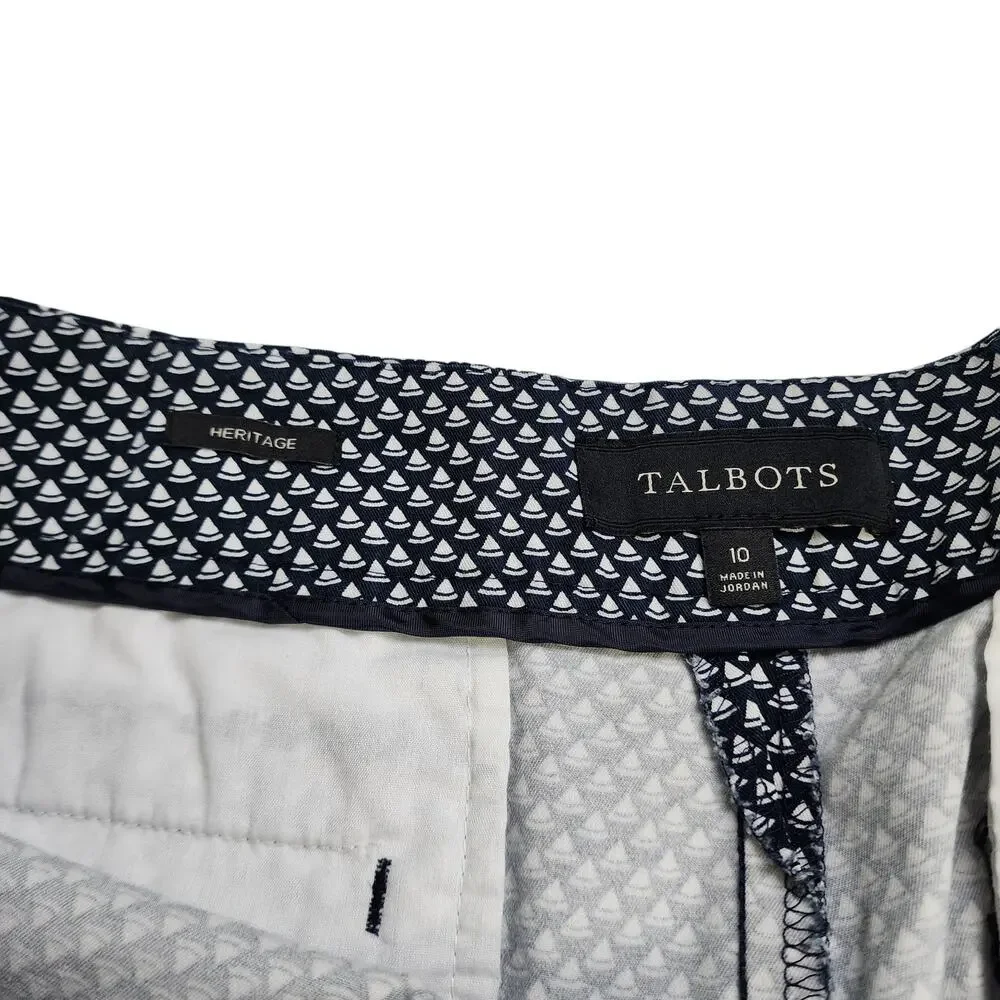 Talbots Womens Heritage Pants Size 10 Navy White Nautical Sailboat Print Cropped